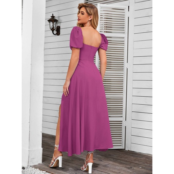 cottagecore Puff Sleeve Tie Front Off Shoulder Slit Thigh maxi Dress black - Picture 7 of 11